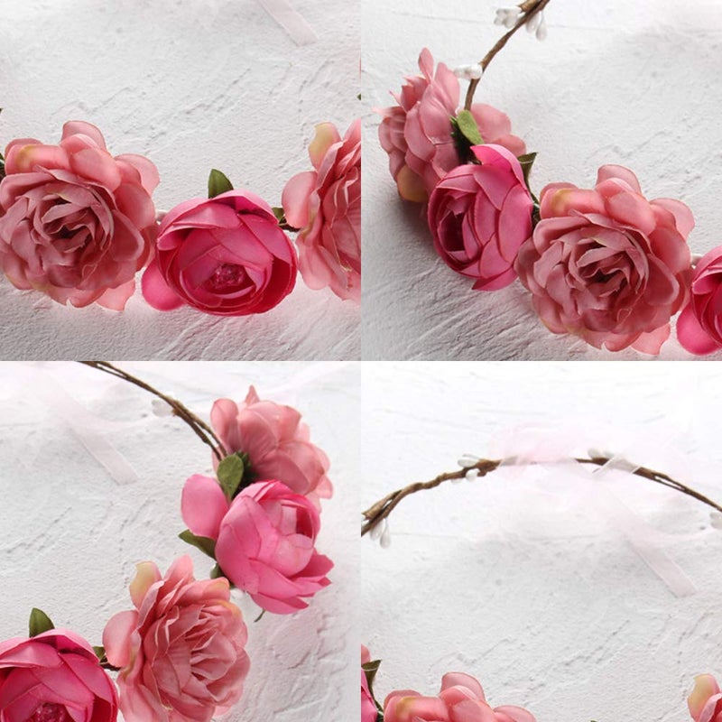 WLBON Flower Crown Headband Rose Wreath Garland Hair Bands Floral Wedding Bridal Hair Hoop Women Ladies Leaf Ribbon Party Decoration Headdress Headwear Christmas Handmade Headpiece Hair Accessories Pink - Image 4